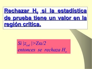 Rechazar H 0  si la estadística de prueba tiene un valor en la región crítica. Si |z cal  |> Z  /2  entonces  se  rechaza H o 