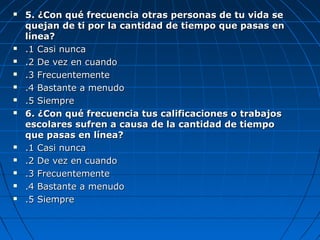  5. ¿Con qué frecuencia otras personas de tu vida se5. ¿Con qué frecuencia otras personas de tu vida se
quejan de ti por la cantidad de tiempo que pasas enquejan de ti por la cantidad de tiempo que pasas en
línea?línea?
 .1 Casi nunca.1 Casi nunca
 .2 De vez en cuando.2 De vez en cuando
 .3 Frecuentemente.3 Frecuentemente
 .4 Bastante a menudo.4 Bastante a menudo
 .5 Siempre.5 Siempre
 6. ¿Con qué frecuencia tus calificaciones o trabajos6. ¿Con qué frecuencia tus calificaciones o trabajos
escolares sufren a causa de la cantidad de tiempoescolares sufren a causa de la cantidad de tiempo
que pasas en línea?que pasas en línea?
 .1 Casi nunca.1 Casi nunca
 .2 De vez en cuando.2 De vez en cuando
 .3 Frecuentemente.3 Frecuentemente
 .4 Bastante a menudo.4 Bastante a menudo
 .5 Siempre.5 Siempre
 