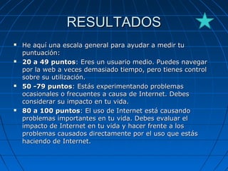 RESULTADOSRESULTADOS
 He aquí una escala general para ayudar a medir tuHe aquí una escala general para ayudar a medir tu
puntuación:puntuación:
 20 a 49 puntos20 a 49 puntos: Eres un usuario medio. Puedes navegar: Eres un usuario medio. Puedes navegar
por la web a veces demasiado tiempo, pero tienes controlpor la web a veces demasiado tiempo, pero tienes control
sobre su utilización.sobre su utilización.
 50 -79 puntos50 -79 puntos: Estás experimentando problemas: Estás experimentando problemas
ocasionales o frecuentes a causa de Internet. Debesocasionales o frecuentes a causa de Internet. Debes
considerar su impacto en tu vida.considerar su impacto en tu vida.
 80 a 100 puntos80 a 100 puntos: El uso de Internet está causando: El uso de Internet está causando
problemas importantes en tu vida. Debes evaluar elproblemas importantes en tu vida. Debes evaluar el
impacto de Internet en tu vida y hacer frente a losimpacto de Internet en tu vida y hacer frente a los
problemas causados directamente por el uso que estásproblemas causados directamente por el uso que estás
haciendo de Internet.haciendo de Internet.
 