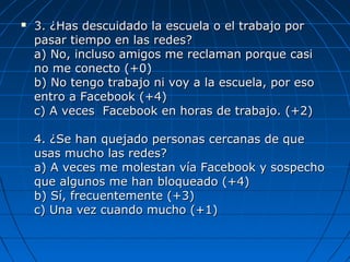  3. ¿Has descuidado la escuela o el trabajo por3. ¿Has descuidado la escuela o el trabajo por
pasar tiempo en las redes?pasar tiempo en las redes?
a) No, incluso amigos me reclaman porque casia) No, incluso amigos me reclaman porque casi
no me conecto (+0)no me conecto (+0)
b) No tengo trabajo ni voy a la escuela, por esob) No tengo trabajo ni voy a la escuela, por eso
entro a Facebook (+4)entro a Facebook (+4)
c) A veces Facebook en horas de trabajo. (+2)c) A veces Facebook en horas de trabajo. (+2)
4. ¿Se han quejado personas cercanas de que4. ¿Se han quejado personas cercanas de que
usas mucho las redes?usas mucho las redes?
a) A veces me molestan vía Facebook y sospechoa) A veces me molestan vía Facebook y sospecho
que algunos me han bloqueado (+4)que algunos me han bloqueado (+4)
b) Sí, frecuentemente (+3)b) Sí, frecuentemente (+3)
c) Una vez cuando mucho (+1)c) Una vez cuando mucho (+1)
 