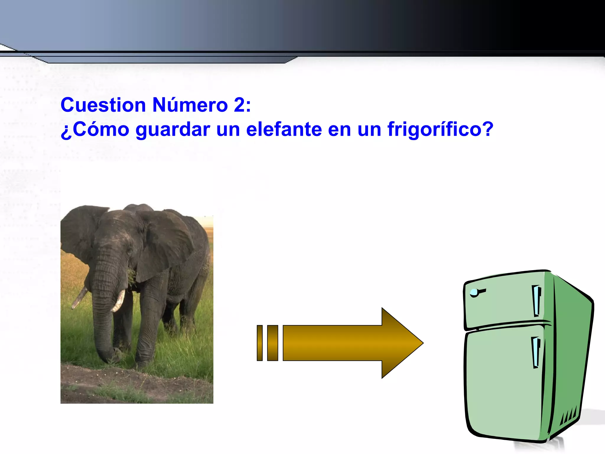 Cuestion Número 2:
¿Cómo guardar un elefante en un frigorífico?
 