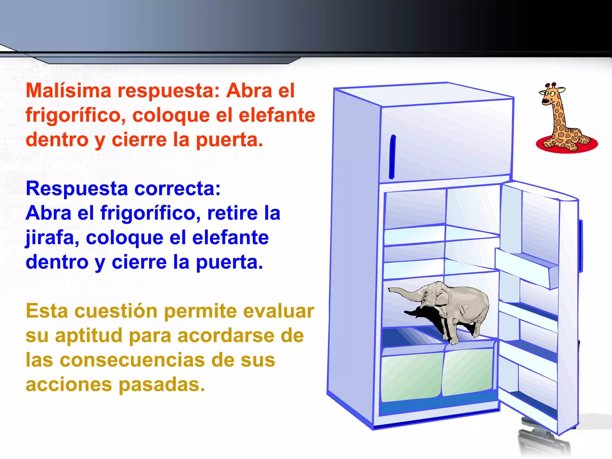 Malísima respuesta: Abra el
frigorífico, coloque el elefante
dentro y cierre la puerta.

Respuesta correcta:
Abra el frigorífico, retire la
jirafa, coloque el elefante
dentro y cierre la puerta.

Esta cuestión permite evaluar
su aptitud para acordarse de
las consecuencias de sus
acciones pasadas.
 