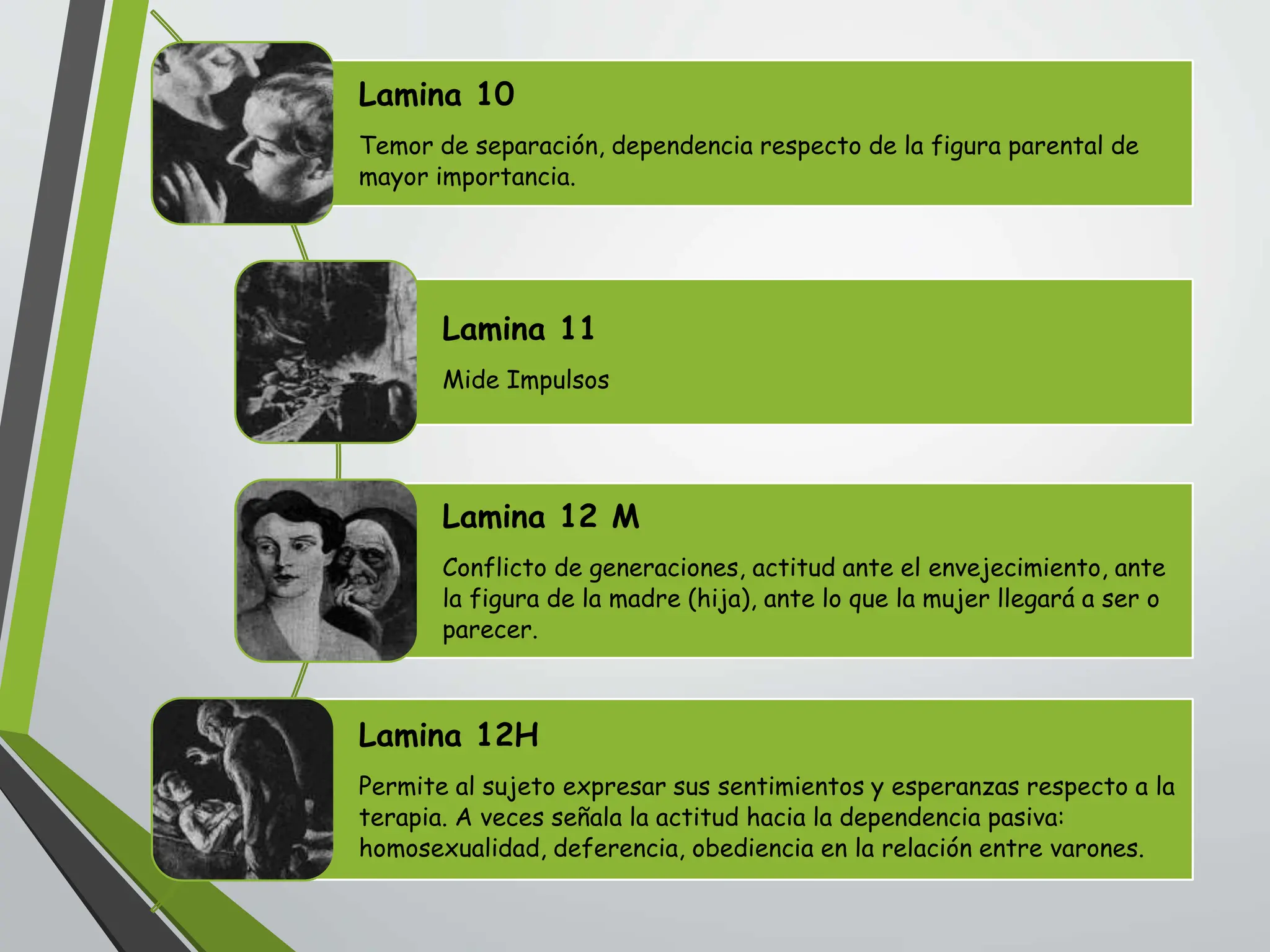 Lamina 10
Temor de separación, dependencia respecto de la figura parental de
mayor importancia.
Lamina 11
Mide Impulsos
Lamina 12 M
Conflicto de generaciones, actitud ante el envejecimiento, ante
la figura de la madre (hija), ante lo que la mujer llegará a ser o
parecer.
Lamina 12H
Permite al sujeto expresar sus sentimientos y esperanzas respecto a la
terapia. A veces señala la actitud hacia la dependencia pasiva:
homosexualidad, deferencia, obediencia en la relación entre varones.
 