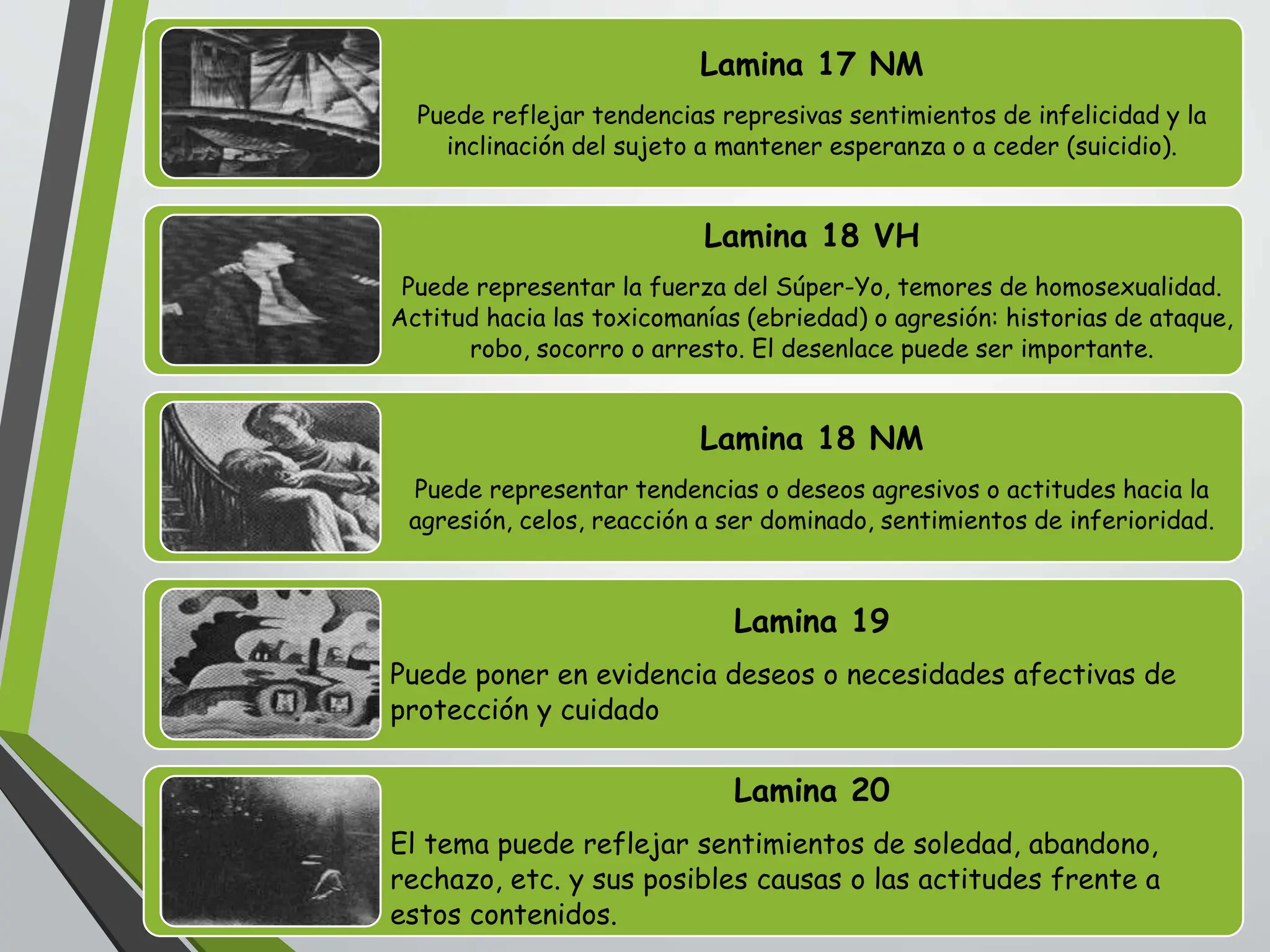 Lamina 17 NM
Puede reflejar tendencias represivas sentimientos de infelicidad y la
inclinación del sujeto a mantener esperanza o a ceder (suicidio).
Lamina 18 VH
Puede representar la fuerza del Súper-Yo, temores de homosexualidad.
Actitud hacia las toxicomanías (ebriedad) o agresión: historias de ataque,
robo, socorro o arresto. El desenlace puede ser importante.
Lamina 18 NM
Puede representar tendencias o deseos agresivos o actitudes hacia la
agresión, celos, reacción a ser dominado, sentimientos de inferioridad.
Lamina 19
Puede poner en evidencia deseos o necesidades afectivas de
protección y cuidado
Lamina 20
El tema puede reflejar sentimientos de soledad, abandono,
rechazo, etc. y sus posibles causas o las actitudes frente a
estos contenidos.
 