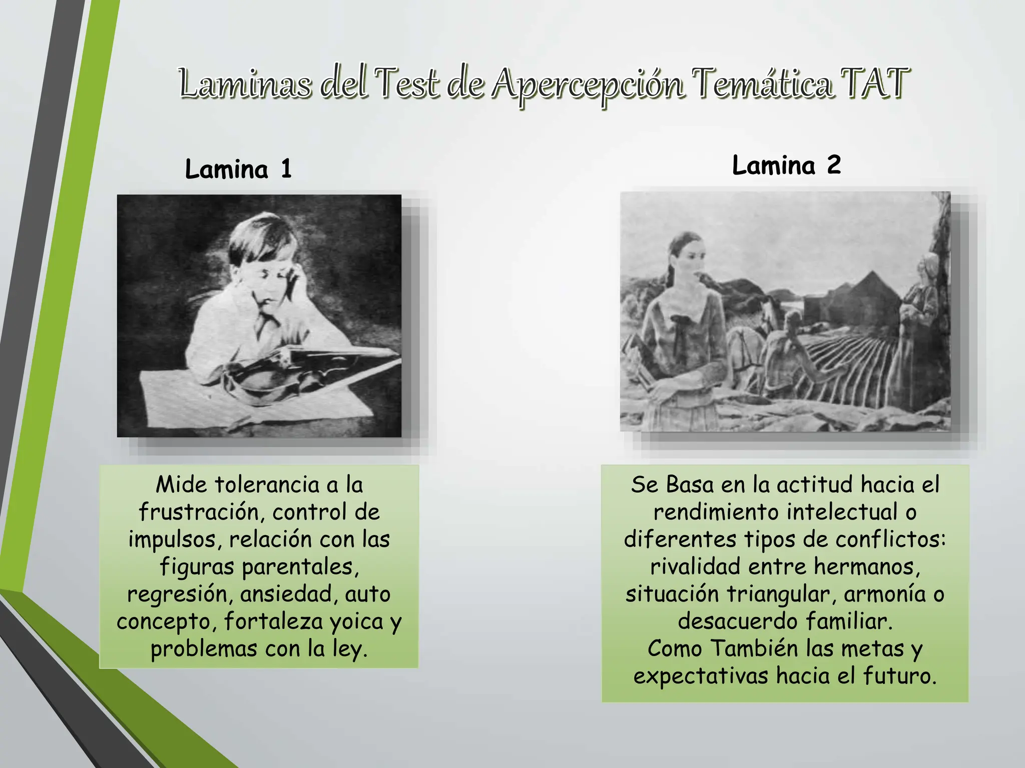 Mide tolerancia a la
frustración, control de
impulsos, relación con las
figuras parentales,
regresión, ansiedad, auto
concepto, fortaleza yoica y
problemas con la ley.
Lamina 1 Lamina 2
Se Basa en la actitud hacia el
rendimiento intelectual o
diferentes tipos de conflictos:
rivalidad entre hermanos,
situación triangular, armonía o
desacuerdo familiar.
Como También las metas y
expectativas hacia el futuro.
 