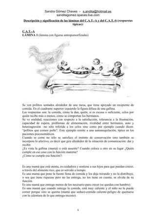 Sandra Gómez Chaves - s.andita@hotmail.es
                        sanditagomez.spaces.live.com
Descripción y significación de las láminas del C.A.T.-A y del C.A.T.-S (respuestas
                                      típicas):

C.A.T.-A
LÁMINA 1 (lámina con figuras antropomorfizadas)




Se ven pollitos sentados alrededor de una mesa, que tiene apoyado un recipiente de
comida. En el cuadrante superior izquierdo la figura difusa de una gallina.
Las respuestas son: la comida, cómo la dan, quién, si es escasa o suficiente, celos por
quién recibe más o menos, cómo se comportan los hermanos.
Se ve oralidad, reacciones con respecto a la satisfacción, tolerancia a la frustración,
capacidad de espera, problemas de alimentación, rivalidad entre hermanos, auto y
heteroagresión –no sólo referida a los celos sino como por ejemplo cuando dicen:
“pollitos que comen pollo”. Este ejemplo remite a una autoaniquilación, típica en los
pacientes psicosomáticos.
Cuando se come no sólo se satisface el instinto de conservación sino también se
incorpora lo afectivo, es decir que gira alrededor de la situación de comunicación: dar y
recibir.
¿Es vista la gallina (mamá) o está ausente? Cuando coloca a otro en su lugar ¿Quién
cumple en ese caso con la función materna?
¿Cómo se cumple esa función?:


Es una mamá que está atenta, es cuidadora y sostiene a sus hijos para que puedan crecer,
a través del alimento rico, que es servido a tiempo.
Es una mamá que pone la fuente llena de comida y los deja mirando y no la distribuye,
o sea que tiene riquezas pero no las entrega, no los tiene en cuenta, se olvida de su
función.
Es una mamá que entrega menos de los necesario para crecer (se quedan con hambre).
Es una mamá que cuando entrega la comida, está muy caliente y el niño no la puede
comer porque sino se quema (mamá que seduce-comida caliente-peligro de quemarse
con la calentura de lo que entrega-incesto).



                                           8
 