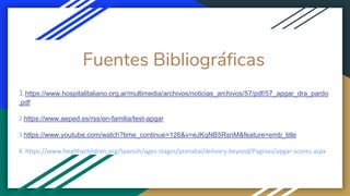 Fuentes Bibliográficas
1.https://www.hospitalitaliano.org.ar/multimedia/archivos/noticias_archivos/57/pdf/57_apgar_dra_pardo
.pdf
2.https://www.aeped.es/rss/en-familia/test-apgar
3.https://www.youtube.com/watch?time_continue=126&v=eJKqNB5RsnM&feature=emb_title
4. https://www.healthychildren.org/Spanish/ages-stages/prenatal/delivery-beyond/Paginas/apgar-scores.aspx
 