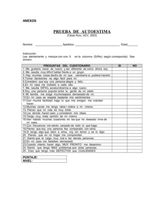ANEXOS
PRUEBA DE AUTOESTIMA
(César Ruiz, UCV, 2003)
Nombre __________________ Apellidos ______________________________ Edad_______
Instrucción:
Lea atentamente y marque con una X en la columna (Si/No) según corresponda) Sea
sincero.
PREGUNTAS DEL CUESTIONARIO SI NO
1. Me gustaría nacer de nuevo y ser diferente de como ahora soy
2. Me resulta muy difícil hablar frente a un grupo.
3. Hay muchas cosas dentro de mi que cambiaría si pudiera hacerlo
4.Tomar decisiones es algo fácil para mi.
5.Considero que soy una persona alegre y feliz.
6.En mi casa me molesto a cada rato.
7. Me resulta DIFICL acostumbrarme a algo nuevo
8.Soy una persona popular entre la gente de mi edad
9. Mi familia me exige mucho/espera demasiado de mi.
10.En mi casa se respeta bastante mis sentimientos
11.Con mucha facilidad hago lo que mis amigos me mandan
hacer.
12.Muchas veces me tengo rabia / cólera a mi mismo
13. Pienso que mi vida es muy triste.
14.Los demás hacen caso y consideran mis ideas.
15.Tengo muy mala opinión de mi mismo
16.Han habido muchas ocasiones en las que he deseado irme de
mi casa.
17.Con frecuencia me siento cansado de todo lo que hago.
18.Pienso que soy una persona fea comparado con otros.
19.Si tengo algo que decir a otros, voy sin temor y se lo digo.
20. Pienso que en mi hogar me comprenden
21. Siento que le caigo muy mal a las demás personas.
22.En mi casa me fastidian demasiado
23.Cuando intento hacer algo, MUY PRONTO me desanimo
24. Siento que tengo MAS problemas que otras personas.
25. Creo que tengo más DEFECTOS que CUALIDADES
PUNTAJE:
NIVEL:
 