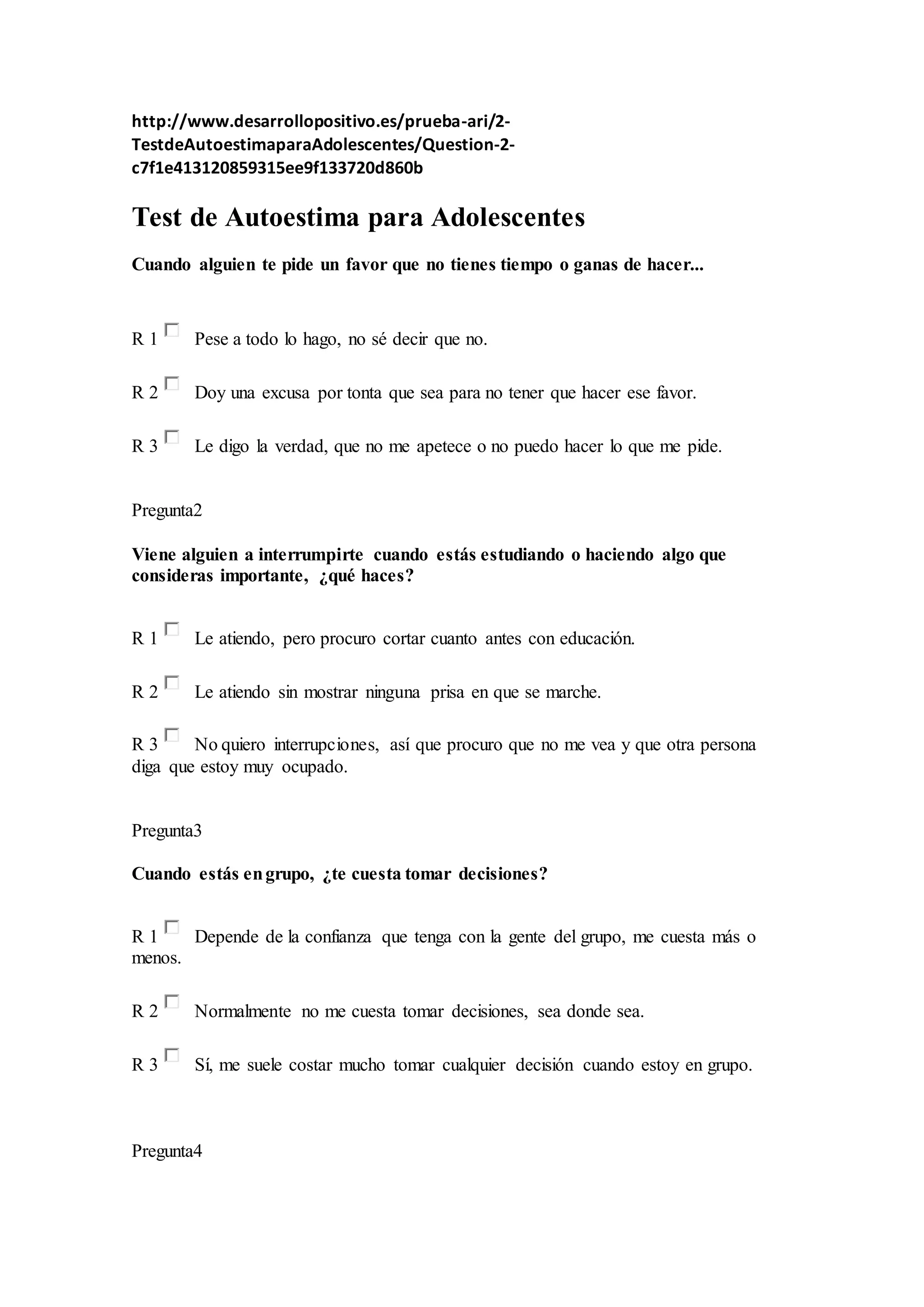Test de autoestima para adolescentes | DOCX | Parenting Teens | Parenting