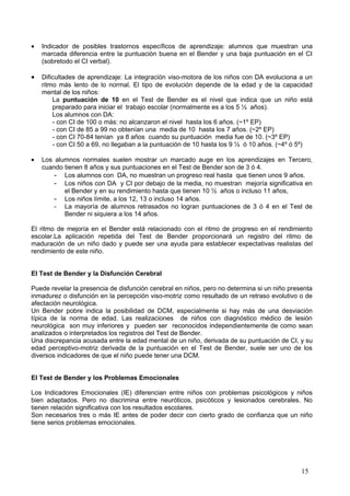 •   Indicador de posibles trastornos específicos de aprendizaje: alumnos que muestran una
    marcada diferencia entre la puntuación buena en el Bender y una baja puntuación en el CI
    (sobretodo el CI verbal).

•   Dificultades de aprendizaje: La integración viso-motora de los niños con DA evoluciona a un
    ritmo más lento de lo normal. El tipo de evolución depende de la edad y de la capacidad
    mental de los niños:
        La puntuación de 10 en el Test de Bender es el nivel que indica que un niño está
        preparado para iniciar el trabajo escolar (normalmente es a los 5 ½ años).
        Los alumnos con DA:
        - con CI de 100 o más: no alcanzaron el nivel hasta los 6 años. (~1º EP)
        - con CI de 85 a 99 no obtenían una media de 10 hasta los 7 años. (~2º EP)
        - con CI 70-84 tenían ya 8 años cuando su puntuación media fue de 10. (~3º EP)
        - con CI 50 a 69, no llegaban a la puntuación de 10 hasta los 9 ½ ó 10 años. (~4º ó 5º)

•   Los alumnos normales suelen mostrar un marcado auge en los aprendizajes en Tercero,
    cuando tienen 8 años y sus puntuaciones en el Test de Bender son de 3 ó 4.
        - Los alumnos con DA, no muestran un progreso real hasta que tienen unos 9 años.
        - Los niños con DA y CI por debajo de la media, no muestran mejoría significativa en
           el Bender y en su rendimiento hasta que tienen 10 ½ años o incluso 11 años,
        - Los niños límite, a los 12, 13 o incluso 14 años.
        - La mayoría de alumnos retrasados no logran puntuaciones de 3 ó 4 en el Test de
           Bender ni siquiera a los 14 años.

El ritmo de mejoría en el Bender está relacionado con el ritmo de progreso en el rendimiento
escolar.La aplicación repetida del Test de Bender proporcionará un registro del ritmo de
maduración de un niño dado y puede ser una ayuda para establecer expectativas realistas del
rendimiento de este niño.


El Test de Bender y la Disfunción Cerebral

Puede revelar la presencia de disfunción cerebral en niños, pero no determina si un niño presenta
inmadurez o disfunción en la percepción viso-motriz como resultado de un retraso evolutivo o de
afectación neurológica.
Un Bender pobre indica la posibilidad de DCM, especialmente si hay más de una desviación
típica de la norma de edad. Las realizaciones de niños con diagnóstico médico de lesión
neurológica son muy inferiores y pueden ser reconocidos independientemente de como sean
analizados o interpretados los registros del Test de Bender.
Una discrepancia acusada entre la edad mental de un niño, derivada de su puntuación de CI, y su
edad perceptivo-motriz derivada de la puntuación en el Test de Bender, suele ser uno de los
diversos indicadores de que el niño puede tener una DCM.


El Test de Bender y los Problemas Emocionales

Los Indicadores Emocionales (IE) diferencian entre niños con problemas psicológicos y niños
bien adaptados. Pero no discrimina entre neuróticos, psicóticos y lesionados cerebrales. No
tienen relación significativa con los resultados escolares.
Son necesarios tres o más IE antes de poder decir con cierto grado de confianza que un niño
tiene serios problemas emocionales.




                                                                                             15
 