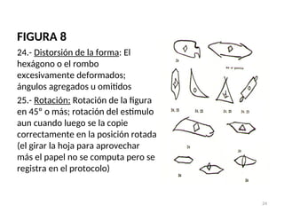 FIGURA 8
24.- Distorsión de la forma: El
hexágono o el rombo
excesivamente deformados;
ángulos agregados u omitidos
25.- Rotación: Rotación de la figura
en 45º o más; rotación del estimulo
aun cuando luego se la copie
correctamente en la posición rotada
(el girar la hoja para aprovechar
más el papel no se computa pero se
registra en el protocolo)
24
 