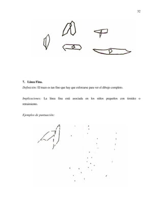 32
7. Línea Fina.
Definición: El trazo es tan fino que hay que esforzarse para ver el dibujo completo.
Implicaciones: La línea fina está asociada en los niños pequeños con timidez o
retraimiento.
Ejemplos de puntuación:
 