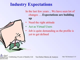 Celebrating 10 years of Quality Life Test Defect Metrics & Analysis Oak~TQ Seminars/1/15
Industry Expectations
In the last few years .. We have seen lot of
changes ….Expectations are building
up
• Need the right attitude
• Act as Virtual Users
• Job is quite demanding as the profile is
yet to get defined
. . . .
 