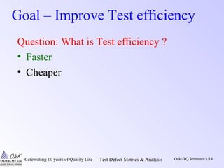 Celebrating 10 years of Quality Life Test Defect Metrics & Analysis Oak~TQ Seminars/1/18
Goal – Improve Test efficiency
Question: What is Test efficiency ?
• Faster
• Cheaper
 