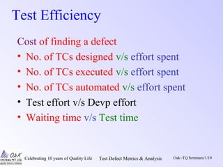 Celebrating 10 years of Quality Life Test Defect Metrics & Analysis Oak~TQ Seminars/1/19
Test Efficiency
Cost of finding a defect
• No. of TCs designed v/s effort spent
• No. of TCs executed v/s effort spent
• No. of TCs automated v/s effort spent
• Test effort v/s Devp effort
• Waiting time v/s Test time
 