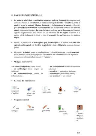 106
E. LA CONSULTATION MÉDICALE
Le médecin (généraliste ou spécialiste) soigne ses patients. Il consulte à son cabinet ou à
domicile. Pendant la consultation, le médecin interroge le malade, l’ausculte (il prend le
pouls, il prend la tension). Il fait un diagnostic (= il diagnostique la maladie = identifie)
puis prescrit des médicaments ou des examens, par exemple une radio ou une prise de
sang (= une analyse de sang). La prescription est notée sur une ordonnance que le patient
apporte : au pharmacien. Dans certains cas, une infirmière fait des piqûres au patient. Si le
patient suit le traitement et si tout va bien, il sera guéri. La guérison peut être lente ou
rapide.
Parfois, le patient doit se faire opérer par un chirurgien = le malade doit subir une
opération chirurgicale ; il doit être hospitalisé (= aller à l’hôpital et y passer plusieurs
jours).
On va chez le dentiste quand on a mal aux dents. Le dentiste soigne par exemple une carie
(= un petit trou dans la dent), et parfois il doit mettre une couronne (en or, en argent) sur
une dent, ou même arracher une dent (= l’enlever).
Quelques médicaments
- un sirop ou des pastilles contre la toux
- un antibiotique (pour soigner les
infections)
- un anti-inflammatoire (contre les
inflammations)
- un antidépresseur (contre la dépression
nerveuse)
- un collyre (= gouttes pour les yeux)
- un somnifère (pour aider à dormir)
- une pommade (= une crème)
La forme des médicaments
un
comprimé
d’aspirine
une
gélule = un
cachet
un
suppositoire
du
sirop
un
sachet
Un peu de matériel
une
seringue
du
sparadrap
un
pansement
de
l’ouate = du
coton
de
l’alcool à
90º pour
désinfect
er
 