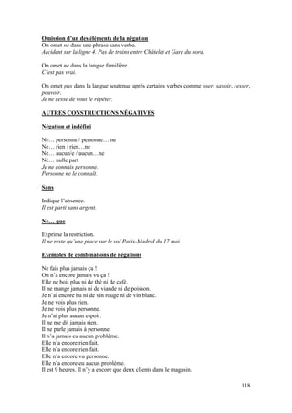 118
Omission d’un des éléments de la négation
On omet ne dans une phrase sans verbe.
Accident sur la ligne 4. Pas de trains entre Châtelet et Gare du nord.
On omet ne dans la langue familière.
C’est pas vrai.
On omet pas dans la langue soutenue après certains verbes comme oser, savoir, cesser,
pouvoir.
Je ne cesse de vous le répéter.
AUTRES CONSTRUCTIONS NÉGATIVES
Négation et indéfini
Ne… personne / personne… ne
Ne… rien / rien…ne
Ne… aucun/e / aucun…ne
Ne… nulle part
Je ne connais personne.
Personne ne le connaît.
Sans
Indique l’absence.
Il est parti sans argent.
Ne… que
Exprime la restriction.
Il ne reste qu’une place sur le vol Paris-Madrid du 17 mai.
Exemples de combinaisons de négations
Ne fais plus jamais ça !
On n’a encore jamais vu ça !
Elle ne boit plus ni de thé ni de café.
Il ne mange jamais ni de viande ni de poisson.
Je n’ai encore bu ni de vin rouge ni de vin blanc.
Je ne vois plus rien.
Je ne vois plus personne.
Je n’ai plus aucun espoir.
Il ne me dit jamais rien.
Il ne parle jamais à personne.
Il n’a jamais eu aucun problème.
Elle n’a encore rien fait.
Elle n’a encore rien fait.
Elle n’a encore vu personne.
Elle n’a encore eu aucun problème.
Il est 9 heures. Il n’y a encore que deux clients dans le magasin.
 