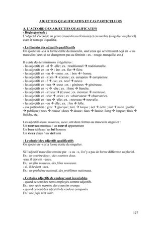 127
ADJECTIFS QUALIFICATIFS ET CAS PARTICULIERS
A. L’ACCORD DES ADJECTIFS QUALIFICATIFS
- Règle générale :
L’adjectif s’accorde en genre (masculin ou féminin) et en nombre (singulier ou pluriel)
avec le nom qu’il qualifie.
- Le féminin des adjectifs qualificatifs
On ajoute un –e à la forme écrite du masculin, sauf ceux qui se terminent déjà en -e au
masculin (ceux-ci ne changeront pas au féminin : ex. : rouge, tranquille, etc.)
Il existe des terminaisons irrégulières :
- les adjectifs en –el  -elle ; ex. : traditionnel  traditionnelle.
- les adjectifs en –er  - ère ; ex. fier  fière.
- les adjectifs en –on  - onne ; ex. : bon > bonne.
- les adjectifs en – (i)en  -(i)enne ; ex. européen  européenne
- les adjectifs en –f  -ve ; ex. neuf  neuve.
- les adjectifs en –eux  -euse ; ex. : généreux  généreuse.
- les adjectifs en –c  -che ; ex. : franc  franche.
- les adjectifs en – (t) eur  (t) euse ; ex. menteur  menteuse.
- les adjectifs en –teur  -trice ; ex : observateur  observatrice.
- les adjectifs en –eau  -elle ; ex. : nouveau  nouvelle.
- les adjectifs en –ou  olle ; ex. : fou  folle.
- cas particuliers : grec  grecque ; turc  turque ; net  nette ; nul  nulle ; public
 publique ; roux  rousse ; doux  douce ; faux  fausse ; long  longue ; frais 
fraîche, etc.
Les adjectifs beau, nouveau, vieux, ont deux formes au masculin singulier :
Un nouveau manteau / un nouvel appartement
Un beau tableau / un bel homme
Un vieux chien / un vieil ami
- Le pluriel des adjectifs qualificatifs
On ajoute un –s à la forme écrite du singulier.
Si l’adjectif masculin termine par –s ou –x, il n’y a pas de forme différente au pluriel.
Ex : un sourire doux ; des sourires doux.
-eau, il devient –eaux.
Ex : un film nouveau, des films nouveaux.
- al, il devient –aux.
Ex : un problème national, des problèmes nationaux.
- Certains adjectifs de couleur sont invariables
- quand ce sont des noms employés comme adjectifs.
Ex : une veste marron, des coussins orange.
- quand ce sont des adjectifs de couleur composés
Ex : une jupe vert clair.
 