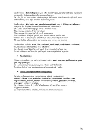 162
Les locutions : de telle façon que, de telle manière que, de telle sorte que expriment
une manière de faire qui entraîne une conséquence.
Ex : Il a fait ses réservations très longtemps à l’avance, de telle manière (de telle sorte,
de telle façon) qu’il a pu avoir les meilleures places.
Les locutions : à tel point que, au point que, si, tant, tant et si bien que, tellement
marquent des degrés d’intensité entraînant une conséquence.
Ex : Elle a tellement mangé qu’elle est devenue obèse.
Elle a mangé au point de devenir obèse.
Elle a mangé à tel point qu’elle est devenue obèse.
Elle a tellement d’argent qu’elle peut acheter tout ce qu’elle veut.
Le bruit dans la discothèque est si fort qu’on ne pouvait pas discuter
Ma sœur habite tellement loin que nous ne nous voyons pas souvent.
Les locutions verbales avoir faim, avoir soif, avoir envie, avoir besoin, avoir mal,
etc. se construisent avec si ou avec tellement :
Ex : Il avait si mal à la tête qu’il a pris deux comprimés d’aspirine.
Il avait tellement mal à la tête qu’il a pris deux comprimés d’aspirine.
b- Au subjonctif :
Elles sont introduites par les locutions suivantes : assez pour que, suffisamment pour
que, trop pour que.
Ex : La maison est assez grande pour y loger toute la famille.
Il est trop fatigué pour que tu puisses lui demander de t’aider.
3- Verbes qui expriment la conséquence :
Certains verbes portent en eux même une idée de conséquence :
Amener, attirer, créer, déchaîner, déclencher, déterminer, entraîner, être
responsable de, éveiller, inciter, occasionner, prêter à, procurer, produire,
provoquer, soulever, susciter.
Ex : L’interprétation de ce chef d’orchestre a déclenché un tonnerre
d’applaudissements.
Ce comportement m’a amené à prendre des distances avec lui.
 