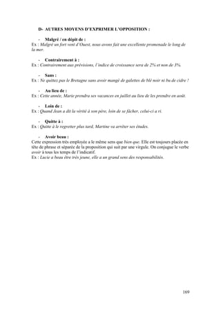 169
D- AUTRES MOYENS D’EXPRIMER L’OPPOSITION :
- Malgré / en dépit de :
Ex : Malgré un fort vent d’Ouest, nous avons fait une excellente promenade le long de
la mer.
- Contrairement à :
Ex : Contrairement aux prévisions, l’indice de croissance sera de 2% et non de 3%.
- Sans :
Ex : Ne quittez pas le Bretagne sans avoir mangé de galettes de blé noir ni bu de cidre !
- Au lieu de :
Ex : Cette année, Marie prendra ses vacances en juillet au lieu de les prendre en août.
- Loin de :
Ex : Quand Jean a dit la vérité à son père, loin de se fâcher, celui-ci a ri.
- Quitte à :
Ex : Quitte à le regretter plus tard, Martine va arrêter ses études.
- Avoir beau :
Cette expression très employée a le même sens que bien que. Elle est toujours placée en
tête de phrase et séparée de la proposition qui suit par une virgule. On conjugue le verbe
avoir à tous les temps de l’indicatif.
Ex : Lucie a beau être très jeune, elle a un grand sens des responsabilités.
 