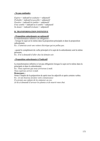 173
- Ne pas confondre
Espérer + indicatif et souhaiter + subjonctif
Probable + indicatif et possible + subjonctif
Paraître + indicatif et sembler + subjonctif
Il me semble + indicatif et il semble + subjonctif
Se douter + indicatif et douter + subjonctif
D. TRANSFORMATION INFINITIVE
- Proposition subordonnée au subjonctif
La transformation infinitive est obligatoire :
- lorsque le sujet est le même dans la proposition principale et dans la proposition
subordonnée.
Ex : J’aimerais avoir une voiture électrique qui ne pollue pas.
- quand le complément du verbe principal et le sujet de la subordonnée sont la même
personne.
Ex : Il m’a demandé d’aller chez lui demain soir.
- Proposition subordonnée à l’indicatif
La transformation infinitive n’est pas obligatoire lorsque le sujet est le même dans la
principale et dans la subordonnée.
Ex : Nous espérons que nous arriverons à midi.
Nous espérons arriver à midi.
Remarques :
Noter l’emploi de la préposition de après tous les adjectifs et après certains verbes.
Ex : Je suis heureux de faire votre connaissance
Il a promis aux enfants de les emmener au zoo.
Je lui ai demandé d’arroser les plantes et de nourrir mon chat.
 