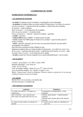 175
L’EXPRESSION DU TEMPS
EXPRESSIONS TEMPORELLES
- Les moments de la journée
- le matin: la mañana (o) por la mañana, la madrugada (o) de madrugada.
- la matinée est employé dans un certain nombre d’expressions: (en) début de matinée /
(en) fin de matinée = a primera hora de la mañana / a última hora de la mañana.
La matinée = toda la mañana.
Dans la matinée = en el transcurso de la mañana.
Faire la grasse matinée = levantarse tarde.
Passer la matinée à + infinitif = pasarse la mañana + gerundio.
- à midi : a las doce.
- l’après-midi (jusqu’à 18h00) = la tarde (o) por la tarde.
- le soir (à partir de 18h00 jusqu’à l’heure de se coucher) = (por) la tarde, (por) la
noche, la velada.
- soirée : peut être synonyme de soir mais a un sens plus restrictif, souvent utilisé
accompagné d’un adjectif.
Peut être aussi synonyme de fête célébrée la nuit.
Également employé dans un certain nombre d’expressions : (en) début de soirée/ (en)
fin de soirée = a primera hora de la noche / a última hora de la noche. La soirée = toda
la noche. Dans la soirée = en el transcurso de la velada.
- la nuit: (à partir de l’heure à laquelle on se couche habituellement) = por la noche.
- An ou année ?
L’année : an ou année. L’an 1989 / l’année 1989.
Moment spécifique : cette année-là.
L’âge : an. Il a 50 ans.
Avec un nombre ordinal : année. Il est en 3ème
année de droit.
Avec un nombre cardinal : an. J’habite ici depuis 3 ans.
Durée : Il passa toute l’année en Belgique. Plusieurs années se passèrent. Je ne sais pas
combien d’années il vécut au Canada.
- Les saisons
Devant hiver, été et automne, on emploie en.
Devant printemps, on emploie au.
- Fait antérieur ou postérieur
Antérieur Postérieur
La veille, à la veille de = la víspera, en
vísperas de…
le lendemain, au lendemain de = al día
siguiente.
Hier, avant-hier = ayer, antes de ayer.
Hier matin, hier après-midi, hier soir, etc.
Demain, après-demain = mañana (pasado
mañana).
Demain matin, demain après-midi, demain-
soir, etc.
(L’année, le mois, lundi, etc.) dernier (e) = …
pasado
(L’année, le mois, lundi, etc.) prochain (e) =
… que viene
 