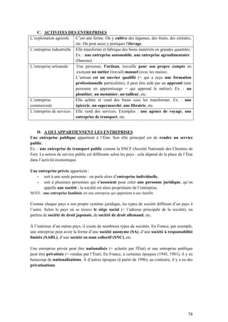 78
C. ACTIVITES DES ENTREPRISES
L’exploitation agricole C’est une ferme. On y cultive des légumes, des fruits, des céréales,
etc. On peut aussi y pratiquer l'élevage.
L’entreprise industrielle Elle transforme et fabrique des biens matériels en grandes quantités.
Ex. : une entreprise automobile, une entreprise agroalimentaire
(Danone).
L’entreprise artisanale Une personne, l’artisan, travaille pour son propre compte en
exerçant un métier (travail) manuel (avec les mains).
L’artisan est un ouvrier qualifié (= qui a reçu une formation
professionnelle particulière), il peut être aidé par un apprenti (une
personne en apprentissage = qui apprend le métier). Ex. : un
plombier, un menuisier, un tailleur, etc.
L’entreprise
commerciale
Elle achète et vend des biens sans les transformer. Ex. : une
épicerie, un supermarché, une librairie, etc.
L’entreprise de services Elle vend des services. Exemples : une agence de voyage, une
entreprise de transport, etc.
D. A QUI APPARTIENNENT LES ENTREPRISES
Une entreprise publique appartient à l’État. Son rôle principal est de rendre un service
public.
Ex. : une entreprise de transport public comme la SNCF (Société Nationale des Chemins de
Fer). La notion de service public est différente selon les pays : cela dépend de la place de l’État
dans l’activité économique.
Une entreprise privée appartient :
- soit à une seule personne : on parle alors d’entreprise individuelle,
- soit à plusieurs personnes qui s’associent pour créer une personne juridique, qu’on
appelle une société ; la société est alors propriétaire de l’entreprise.
NOTE : une entreprise familiale est une entreprise qui appartient à une famille.
Comme chaque pays a son propre système juridique, les types de société diffèrent d’un pays à
l’autre. Selon le pays où se trouve le siège social (= l’adresse principale de la société), on
parlera de société de droit japonais, de société de droit allemand, etc.
À l’intérieur d’un même pays, il existe de nombreux types de sociétés. En France, par exemple,
une entreprise peut avoir la forme d’une société anonyme (SA), d’une société à responsabilité
limitée (SARL), d’une société en nom collectif (SNC), etc.
Une entreprise privée peut être nationalisée (= achetée par l'État) et une entreprise publique
peut être privatisée (= vendue par l’État). En France, à certaines époques (1945, 1981), il y eu
beaucoup de nationalisations. À d’autres époques (à partir de 1996), au contraire, il y a eu des
privatisations.
 