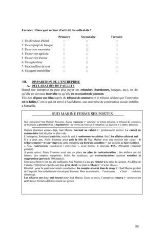 80
Exercice : Dans quel secteur d'activité travaillent-ils ?
Primaire Secondaire Tertiaire
1. Un directeur d'hôtel
2. Un employé de banque
3. Un artisan menuisier
4. Un ouvrier agricole
5. Un ouvrier d'usine
6. Un agriculteur
7. Un chauffeur de taxi
8. Un agent immobilier
III. DISPARITION DE L’ENTREPRISE
A. DECLARATION DE FAILLITE
Quand une entreprise ne peut plus payer ses créanciers (fournisseurs, banques, etc.), on dit
qu’elle est devenue insolvable ou qu’elle est en cessationde paiement.
Elle doit déposer son bilan auprès du tribunal de commerce et le tribunal déclare que l’entreprise
est en faillite. C’est ce qui est arrivé à Sud Marine, une entreprise de construction navale installée
à Marseille.
SUD MARINE FERME SES PORTES
Qui veut acheter Sud Marine? Personne. Aucun repreneur (= acheteur) ne s'étant présenté, le tribunal de commerce
de Marseille a prononcé hier la liquidation (= la vente) des biens de l’entreprise. La décision n’a surpris personne.
Depuis plusieurs années déjà, Sud Marine tournait au ralenti (= produisaient moins). Le carnet de
commandes était de plus en plus vide.
L’entreprise, fortement endettée, avait du mal à rembourser ses dettes. Bref, les affaires allaient mal.
Il y a deux ans, Alain Tournier avait pris la tête de Sud Marine avec une mission très claire : le
redressement (= le sauvetage) de cette entreprise au bord de la faillite (= sur le point de faire faillite).
« Nous redresserons rapidement l’entreprise », avait promis le nouveau PDG (Président Directeur
général).
À peine arrivé, Alain Tournier avait mis en place un plan de restructuration : des ateliers ont été
fermés, des emplois supprimés. Selon les syndicats, ces restructurations auraient entraîné la
suppression (perte) de 160 emplois.
Mais ces efforts n’ont pas été suffisants. Sud Marine n’a pas pu résister à la crise du secteur. Au début de
l’année, l'entreprise a perdu son plus gros client. Le plan a échoué (= n’a pas réussi).
Résultat : pour la quatrième année consécutive, les comptes étaient dans le rouge (= Sud Marine perdait
de l’argent). Son endettement n'avait pas diminué. Bien au contraire, l’entreprise s’était endettée
davantage.
Les affaires ont donc mal tourné pour Sud Marine. Dans un mois, l’entreprise cessera (= arrêtera) ses
activités et fermera définitivement ses portes.
 