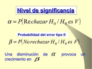 Nivel de significancia Probabilidad del error tipo II Una disminución de  provoca un crecimiento en  
