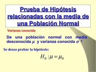 De una población normal con media desconocida     y varianza conocida     2 Prueba de Hipótesis relacionadas con la media de una Población Normal Varianza conocida Se desea probar la hipótesis: 