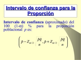 Intervalo de confianza para la Proporción Intervalo de confianza ( aproximado) del 100 (1-  ) % para la proporción poblacional  p  es:   