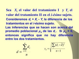 Las inferencias que se hacen son acerca del promedio poblacional   d  de las  d i  .  Si   d  = 0, entonces significa que no hay diferencia entre los dos tratamientos. Consideremos  d i  = X i  - Y i  la diferencia de los tratamientos en el  i-ésimo  sujeto.  Sea  X i  el valor del tratamiento I  y  Y i  el valor del tratamiento II en el  i-ésimo  sujeto.  