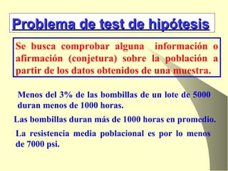 Problema de test de hipótesis Se busca comprobar alguna  información o afirmación (conjetura) sobre la población a partir de los datos obtenidos de una muestra. Menos del 3% de las bombillas de un lote de 5000 duran menos de 1000 horas. Las bombillas duran más de 1000 horas en promedio. La resistencia media poblacional es por lo menos de 7000 psi. 