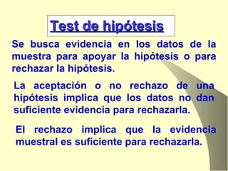 Test de hipótesis Se busca evidencia en los datos de la muestra para apoyar la hipótesis o para rechazar la hipótesis. La aceptación o no rechazo de una hipótesis implica que los datos no dan suficiente evidencia para rechazarla.  El rechazo implica que la evidencia muestral es suficiente para rechazarla. 