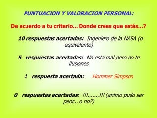 PUNTUACION Y VALORACION PERSONAL:

De acuerdo a tu criterio... Donde crees que estás...?

  10 respuestas acertadas: Ingeniero de la NASA (o
                   equivalente)

  5 respuestas acertadas: No esta mal pero no te
                    ilusiones

     1 respuesta acertada:       Hommer Simpson


 0 respuestas acertadas: !!!.......!!! (animo pudo ser
                  peor... o no?)
 