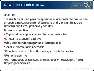 AREA DE RECEPCION AUDITIVA
OBJETIVO
Evaluar la habilidad para comprender e interpretar lo que se oye,
es decir para comprender el lenguaje oral y el significado de
símbolos auditivos, palabras y sonidos.
Tareas que implica:
 Captar el concepto a través de la demostración
Enfocar la atención auditiva
Oír y comprender preguntas e instrucciones
Tener el vocabulario necesario
Relacionar entre sí las diferentes partes de la oración
Memoria auditiva
Dar respuestas orales con: afirmaciones o negaciones, frases
simples y compuestas
 