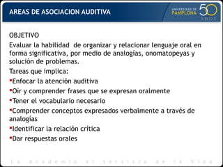 AREAS DE ASOCIACION AUDITIVA
OBJETIVO
Evaluar la habilidad de organizar y relacionar lenguaje oral en
forma significativa, por medio de analogías, onomatopeyas y
solución de problemas.
Tareas que implica:
Enfocar la atención auditiva
Oír y comprender frases que se expresan oralmente
Tener el vocabulario necesario
Comprender conceptos expresados verbalmente a través de
analogías
Identificar la relación crítica
Dar respuestas orales
 