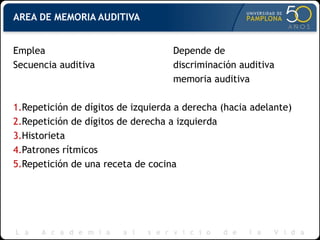 AREA DE MEMORIA AUDITIVA
Emplea Depende de
Secuencia auditiva discriminación auditiva
memoria auditiva
1.Repetición de dígitos de izquierda a derecha (hacia adelante)
2.Repetición de dígitos de derecha a izquierda
3.Historieta
4.Patrones rítmicos
5.Repetición de una receta de cocina
 