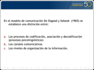 En el modelo de comunicación De Osgood y Sebeok (1965) se
establece una distinción entre:
a. Los procesos de codificación, asociación y decodificación
(procesos psicolingüísticos)
b. Los canales comunicativos
c. Los niveles de organización de la información.
 