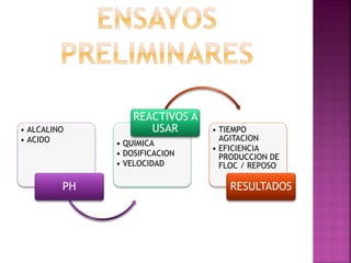 REACTIVOS A
• ALCALINO           USAR       • TIEMPO
• ACIDO                           AGITACION
              • QUIMICA
                                • EFICIENCIA
              • DOSIFICACION      PRODUCCION DE
              • VELOCIDAD         FLOC / REPOSO

         PH                         RESULTADOS
 