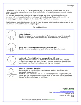 Test del Arbol
                                                                                                                          - 28 -


La presencia o inclusión de SUELO en el diseño del árbol es necesaria, ya que cuando esta no se
incluye podrá estar representando, por un lado, sentimientos de inseguridad que experimenta el sujeto
autor del diseño.
Por otro lado nos indicará cierto desarraigo ya que falta el piso firme, el suelo estable en donde
apoyarse; esto pudiera derivar posteriormente a cierta invasión de aquello que está reprimido a lo
consciente y por consecuencia generar ciertos conflictos importantes en el sujeto.

Será importante determinar los tipos y formas de trazo con que el sujeto efectúe el suelo, ya que de ello
resultará una connotación más o menos patológica.

                                                TIPOS DE SUELOS



                    Árbol Sin Suelo:
                    Sujetos inseguros, de carácter cambiante. Pudiera deberse al sentimiento de la
                    pérdida de algún apoyo afectivo importante (este último caso es transitorio)




                    Árbol sobre Pequeña Línea Recta que Cierra el Tronco:
                    Sujetos de personalidad cerrada, obstinados, tercos. Represión sexual.




                    Árbol sobre Pequeña Línea Convexa que Cierra el Tronco:
                    Al igual que con la dirección de la línea de base en la escritura, aquí el sujeto
                    comienza sus labores, sus relaciones, etc... con gran entusiasmo pero luego va
                    perdiendo la energía, el interés, decae ante el primer obstáculo.


                    Línea de Suelo en la Distancia:
                    Por lo general se trata de sujetos distantes de la realidad, el horizonte está
                    demasiado lejos en tiempo.
                    También, suele encontrarse este tipo de suelos en pacientes hospitalizados por
                    largos períodos, en adolescentes convaleciendo en el hogar a los que les sobra el
                    tiempo. También es indicador de pasividad.




                                                                                                          Adriana S. Masuello
                                                                                                            Grafoanalizando®
                                                                                                      www.grafoanalizando.com
                                                                                  E-Mail: grafoanalizando@grafoanalizando.com
                                                                                                               P.O. BOX 55675
                                                                                                      Phoenix, AZ 85078 - 5675
                                                                                                                          USA

                         Copyright since 1998. Adriana S. Masuello. Designed by Grafoanalizando®
 
