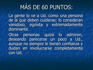 MÁS DE 60 PUNTOS: La gente lo ve a Ud. como una persona de la que deben cuidarse; lo consideran vanidoso, egoísta y extremadamente dominante. Otras personas quizá lo admiren, deseando parecerse un poco a Ud., aunque no siempre le tienen confianza y dudan en involucrarse completamente con Ud.  