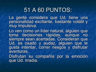 51 A 60 PUNTOS:51 A 60 PUNTOS:
La gente considera que Ud. tiene unaLa gente considera que Ud. tiene una
personalidad excitante, bastante volátil ypersonalidad excitante, bastante volátil y
muy impulsiva.muy impulsiva.
Lo ven como un líder natural, alguien queLo ven como un líder natural, alguien que
toma decisiones rápidas, aunque notoma decisiones rápidas, aunque no
siempre sean acertadas. Consideran quesiempre sean acertadas. Consideran que
Ud. es osado y audaz, alguien que leUd. es osado y audaz, alguien que le
gusta intentar, correr riesgos y disfrutargusta intentar, correr riesgos y disfrutar
aventuras.aventuras.
Disfrutan su compañía por la emociónDisfrutan su compañía por la emoción
que Ud. irradia.que Ud. irradia.
 