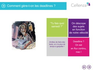 Comment gère-t-on les deadlines ?

“Tu fais quoi
samedi ?”

On déscope
des sujets
en fonction
de notre vélocité

Arrêtez de faire des
tests, on n’a plus de
temps à gaspiller !

Deadline ?
On est

en flux continu,
mec !

 