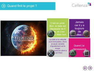 Quand finit le projet ?

C’est en prod.
Bon, la date est
dépassée de 6
mois, et c’est
buggé. Mais bon.

Jamais
car il y a
toujours
de
nouvelles idées

La date et la vélocité
sont immuables. Donc
la seule variable
d’ajustement est le
scope.
Donc quand le client a
ce qu’il faut.

Quand j’ai

démissionné

 