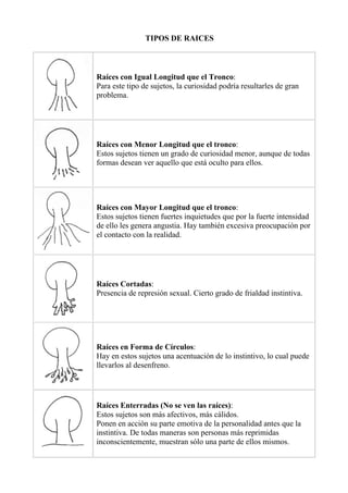 TIPOS DE RAICES
Raíces con Igual Longitud que el Tronco:
Para este tipo de sujetos, la curiosidad podría resultarles de gran
problema.
Raíces con Menor Longitud que el tronco:
Estos sujetos tienen un grado de curiosidad menor, aunque de todas
formas desean ver aquello que está oculto para ellos.
Raíces con Mayor Longitud que el tronco:
Estos sujetos tienen fuertes inquietudes que por la fuerte intensidad
de ello les genera angustia. Hay también excesiva preocupación por
el contacto con la realidad.
Raíces Cortadas:
Presencia de represión sexual. Cierto grado de frialdad instintiva.
Raíces en Forma de Círculos:
Hay en estos sujetos una acentuación de lo instintivo, lo cual puede
llevarlos al desenfreno.
Raíces Enterradas (No se ven las raíces):
Estos sujetos son más afectivos, más cálidos.
Ponen en acción su parte emotiva de la personalidad antes que la
instintiva. De todas maneras son personas más reprimidas
inconscientemente, muestran sólo una parte de ellos mismos.
 