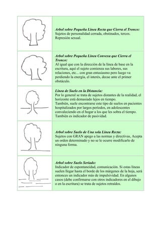 Arbol sobre Pequeña Línea Recta que Cierra el Tronco:
Sujetos de personalidad cerrada, obstinados, tercos.
Represión sexual.
Arbol sobre Pequeña Línea Convexa que Cierra el
Tronco:
Al igual que con la dirección de la línea de base en la
escritura, aquí el sujeto comienza sus labores, sus
relaciones, etc... con gran entusiasmo pero luego va
perdiendo la energía, el interés, decae ante el primer
obstáculo.
Línea de Suelo en la Distancia:
Por lo general se trata de sujetos distantes de la realidad, el
horizonte está demasiado lejos en tiempo.
También, suele encontrarse este tipo de suelos en pacientes
hospitalizados por largos períodos, en adolescentes
convaleciendo en el hogar a los que les sobra el tiempo.
También es indicador de pasividad.
Arbol sobre Suelo de Una sola Línea Recta:
Sujetos con GRAN apego a las normas y directivas, Acepta
un orden determinado y no se le ocurre modificarlo de
ninguna forma.
Arbol sobre Suelo Seriado:
Indicador de espontaneidad, comunicación. Si estas líneas
suelen llegar hasta el borde de los márgenes de la hoja, será
entonces un indicador más de impulsividad. En algunos
casos (debe confirmarse con otros indicadores en el dibujo
o en la escritura) se trata de sujetos retraídos.
 