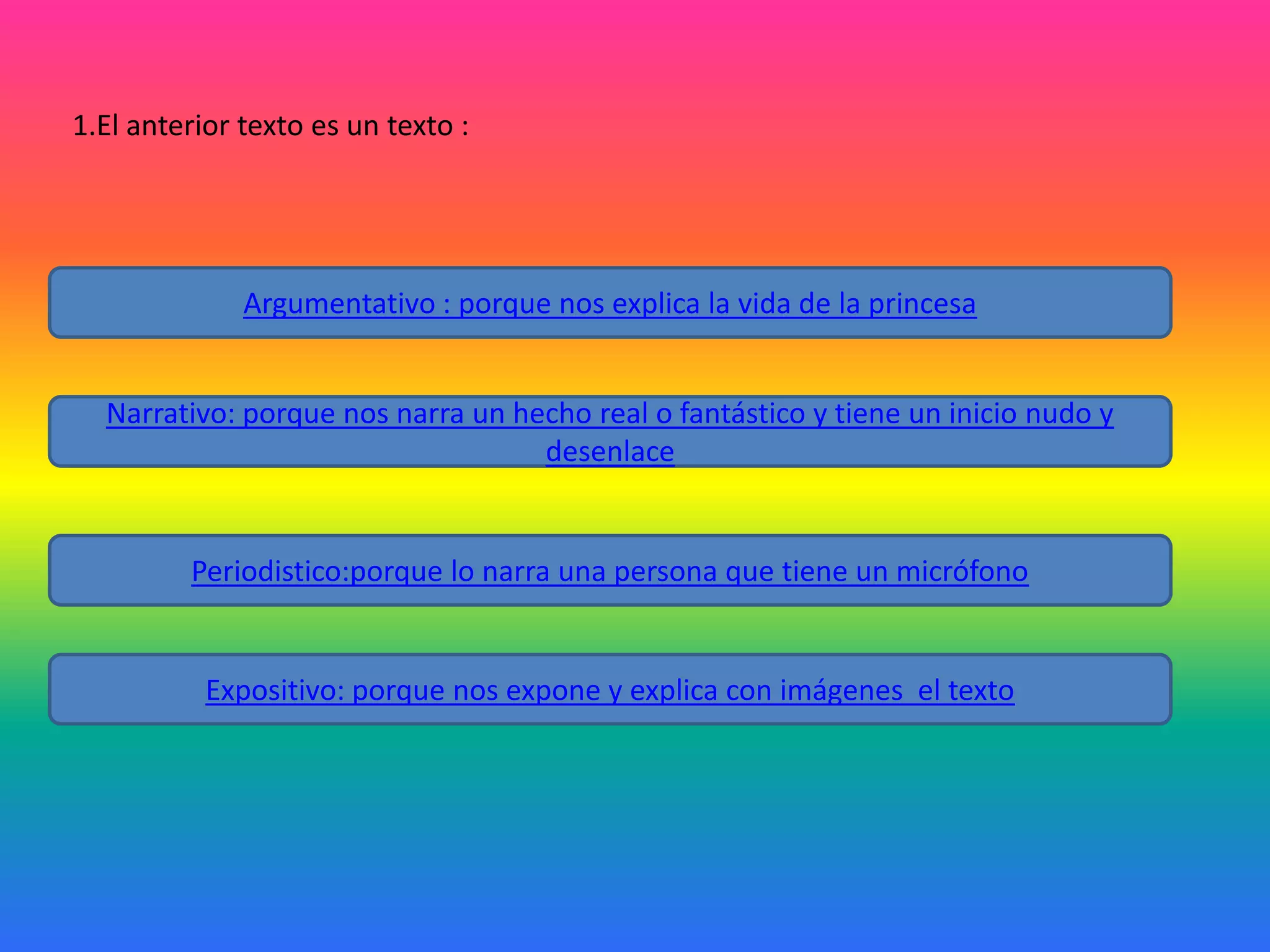 1.El anterior texto es un texto :

Argumentativo : porque nos explica la vida de la princesa
Narrativo: porque nos narra un hecho real o fantástico y tiene un inicio nudo y
desenlace

Periodistico:porque lo narra una persona que tiene un micrófono

Expositivo: porque nos expone y explica con imágenes el texto

 