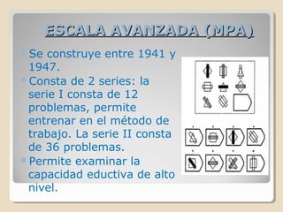 ESCALA AVANZADA (MPA)ESCALA AVANZADA (MPA)
Se construye entre 1941 y
1947.
Consta de 2 series: la
serie I consta de 12
problemas, permite
entrenar en el método de
trabajo. La serie II consta
de 36 problemas.
Permite examinar la
capacidad eductiva de alto
nivel.
 