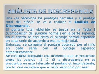 ANÁLISIS DE DISCREPANCIAANÁLISIS DE DISCREPANCIA
Una vez obtenidos los puntajes parciales y el puntaje
total del niño/a se va a realizar el Análisis de
Discrepancia.
El puntaje total obtenido se busca en la Tabla I
(Composición del puntaje normal) en la parte superior,
en el centro se encuentra el puntaje parcial esperado
en cada serie de acuerdo a ese puntaje total.
Entonces, se compara el puntaje obtenido por el niño
en cada serie con el puntaje esperado
estadísticamente.
Se considera aceptable una diferencia que se encuentre
entre los valores +2 -2. Si la discrepancia no se
encuentra en este intervalo el puntaje es inconsistente,
por lo que se infiere que el niño respondió por azar.
 